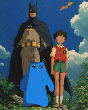 BWOB hanging out with caped crusaders in a Ghibli-style meadow